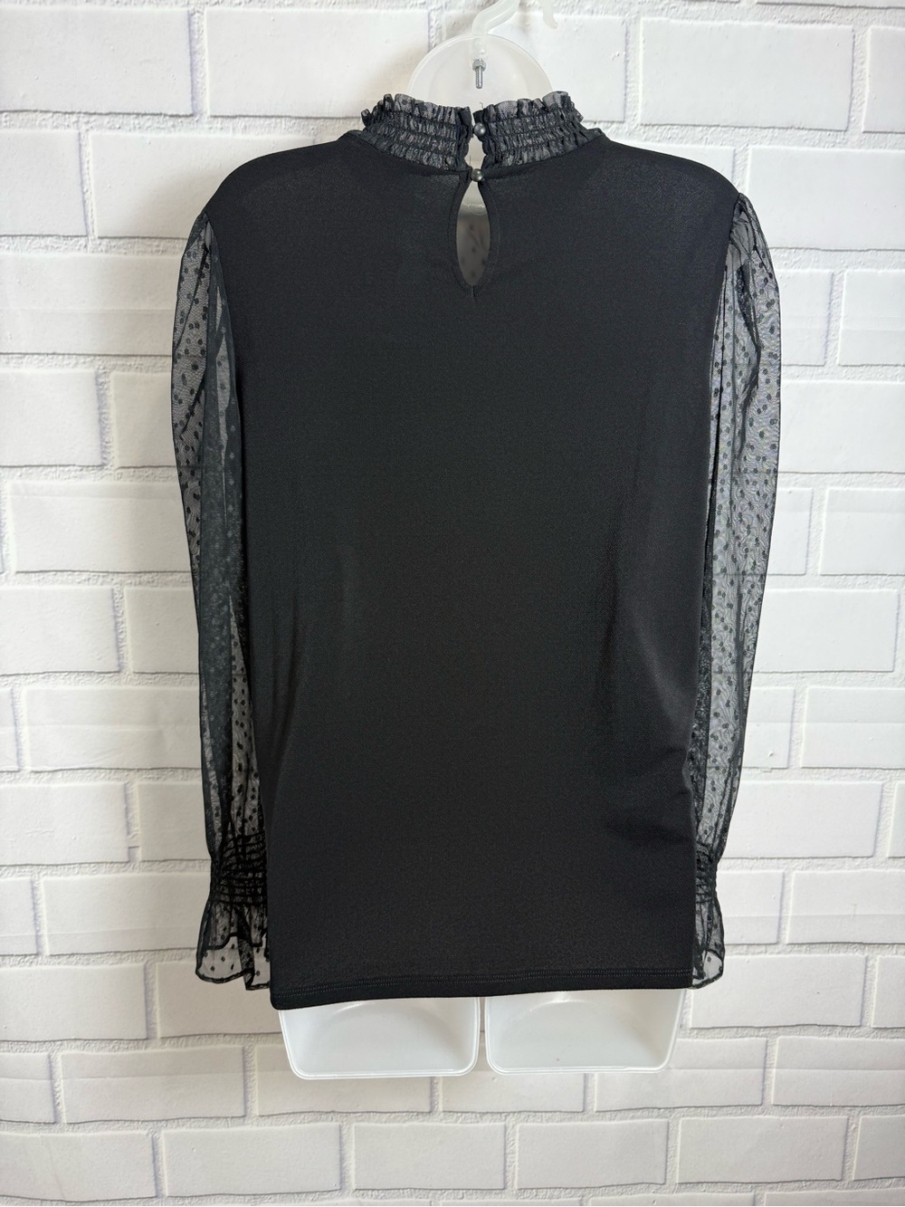 Adrianna Papell Black Swiss Dot Mesh Smocked Mock Neck whimsigoth Blouse Size M - Picture 7 of 8